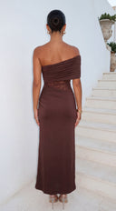 Cocoa One Shoulder Lace Detail Maxi Dress - Brown