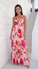 Solemare Floral Pleated Cut Out Maxi Dress - Coral Pink