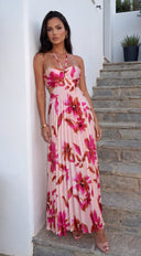 Solemare Floral Pleated Cut Out Maxi Dress - Coral Pink