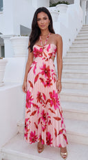 Solemare Floral Pleated Cut Out Maxi Dress - Coral Pink