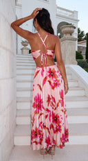 Solemare Floral Pleated Cut Out Maxi Dress - Coral Pink
