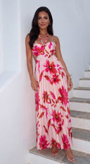 Solemare Floral Pleated Cut Out Maxi Dress - Coral Pink
