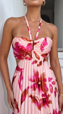 Solemare Floral Pleated Cut Out Maxi Dress - Coral Pink