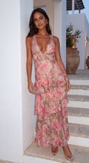 Zeloura Floral Ruffle Maxi Dress - Pink Multi