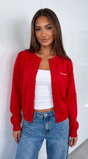 Maevie Contrast Trim Knit Cardigan - Red