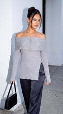 Olivéa Off Shoulder Ribbed Knit Sweater Top - Gray