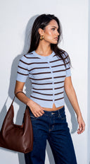 Jessia Stripe Ribbed Button Cardigan Sweater Top - Blue Multi