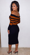 Robyn Stripe Ribbed Off Shoulder Midi Dress - Black