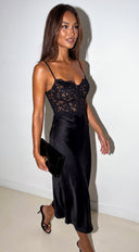 Isméa Lace Satin Midi Dress - Black