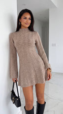 Avessia Ribbed Flare Sleeve Sweater Mini Dress - Beige