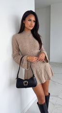 Avessia Ribbed Flare Sleeve Sweater Mini Dress - Beige