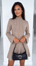 Avessia Ribbed Flare Sleeve Sweater Mini Dress - Beige