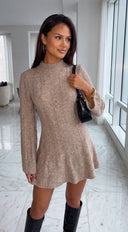 Avessia Ribbed Flare Sleeve Sweater Mini Dress - Beige