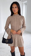 Avessia Ribbed Flare Sleeve Sweater Mini Dress - Beige