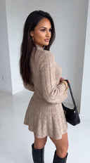 Avessia Ribbed Flare Sleeve Sweater Mini Dress - Beige