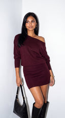 Elana Off Shoulder Sweater Mini Dress - Burgundy