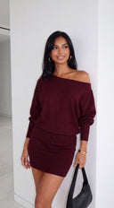 Elana Off Shoulder Sweater Mini Dress - Burgundy