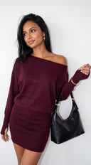 Elana Off Shoulder Sweater Mini Dress - Burgundy