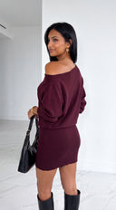 Elana Off Shoulder Sweater Mini Dress - Burgundy