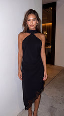 Nysera Lace Trim Halter Midi Dress - Black