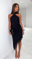Nysera Lace Trim Halter Midi Dress - Black