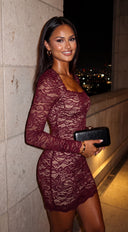 Vessara Lace Square Neck Mini Dress - Cherry Red