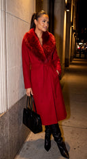 Valoura Fur Collar Belted Coat - Red