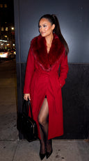 Valoura Fur Collar Belted Coat - Red