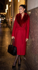Valoura Fur Collar Belted Coat - Red