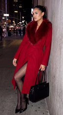 Valoura Fur Collar Belted Coat - Red