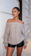 Avelora Off Shoulder Cable Knit Sweater - Beige