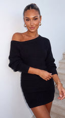Nuvessa Off Shoulder Sweater & Mini Skirt Set - Black