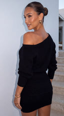Nuvessa Off Shoulder Sweater & Mini Skirt Set - Black