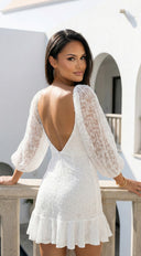 Nerano Lace Ruffle Asymmetric Mini Dress in White stitching and texture close-up hemline and silhouette deta additional angle