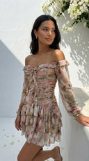 Sorrento Garden Floral Off Shoulder Ruffle Mini Dress - Beige Multi