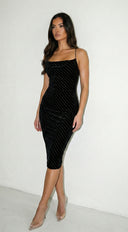 Rivelle Burnout Stripe Suede Cowl Neck Midi Dress - Black