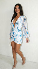 Deniz Surplice Mini Dress - Floral Blue