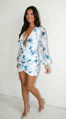 Deniz Surplice Mini Dress - Floral Blue