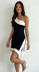 Cannes Contour Arc Knit Contrast Mini Dress in Black back view on model