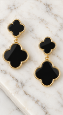 Zera Double Marble Clover Drop Earrings -  Black