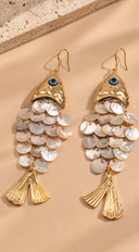 Lagoona Gold Fish Shell Drop Earrings - Beige