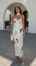 Elysira Reverse Halter Floral Satin Maxi Dress - Mint Blue