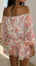 Cyrene Floral Off-Shoulder Mini Dress in Shoulder Mini Dress - Floral Pink detail shot of stitching and finish hemline
