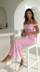 Roselune Lace Off Shoulder Dress in Pink back view on model
