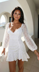 Nerano Lace Ruffle Asymmetric Mini Dress in White full length front view on model