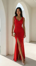 Marena Ruched Maxi Dress - Red