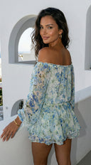 Cyrene Floral Off-Shoulder Mini Dress in Shoulder Mini Dress - Floral Green styled outfit flat lay