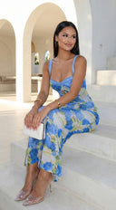 Azurae Floral Maxi Dress in Blue styled outfit flat lay