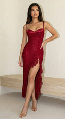 Rosyne Lace Drape Maxi Dress in Burgundy Red side profile view on model