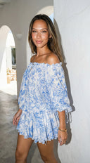 Bahama Floral Off Shoulder Ruffle Mini Dress in Blue full length three-quarter angle